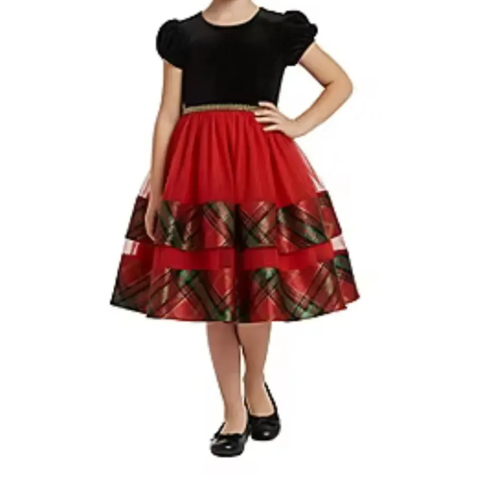 Bonnie Jean Red Velvet & Plaid Tiered Holiday Dress Girls New Christmas Size 4